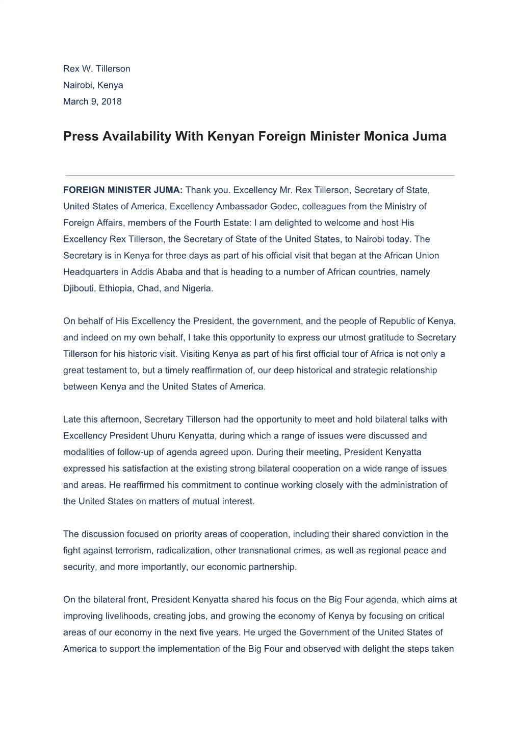 Press Availability with Kenyan Foreign Minister Monica Juma