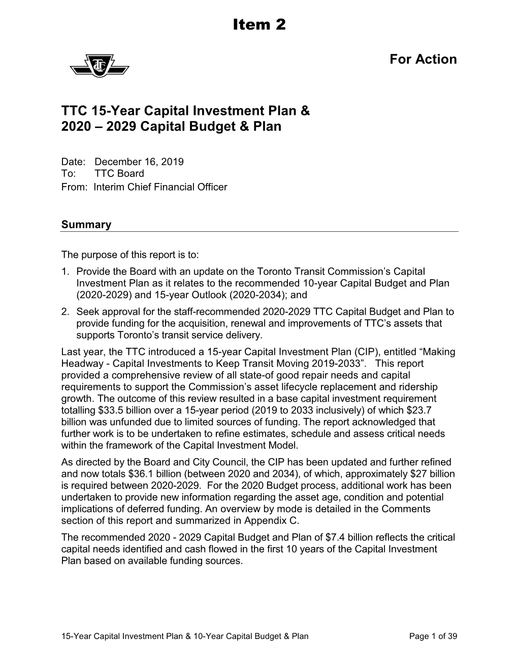 TTC 15-Year Capital Investment Plan & 2020 – 2029 Capital Budget & Plan