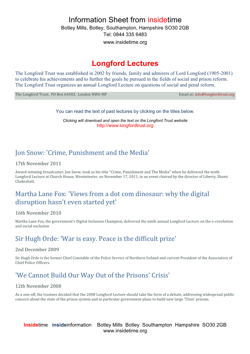 Information Sheet from Insidetime Longford Lectures