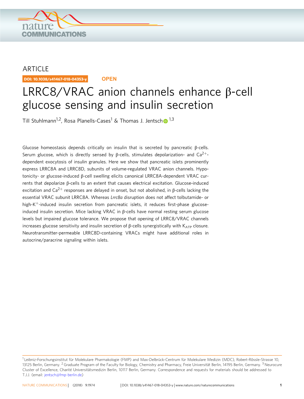 LRRC8/VRAC Anion Channels Enhance Î²-Cell Glucose Sensing