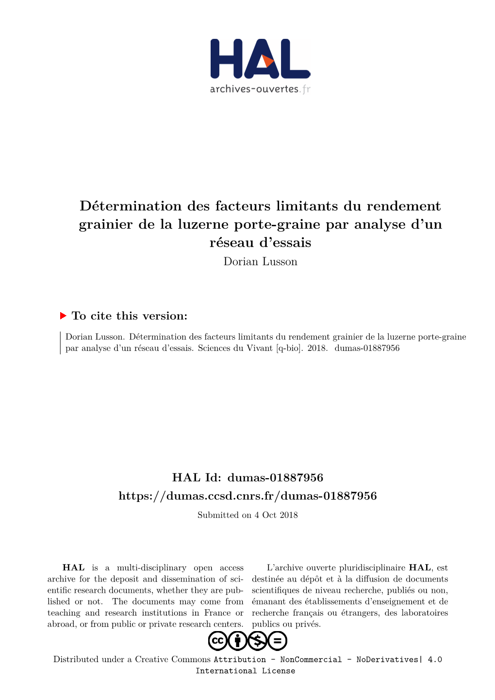 Détermination Des Facteurs Limitants Du Rendement Grainier De La Luzerne Porte-Graine Par Analyse D’Un Réseau D’Essais Dorian Lusson