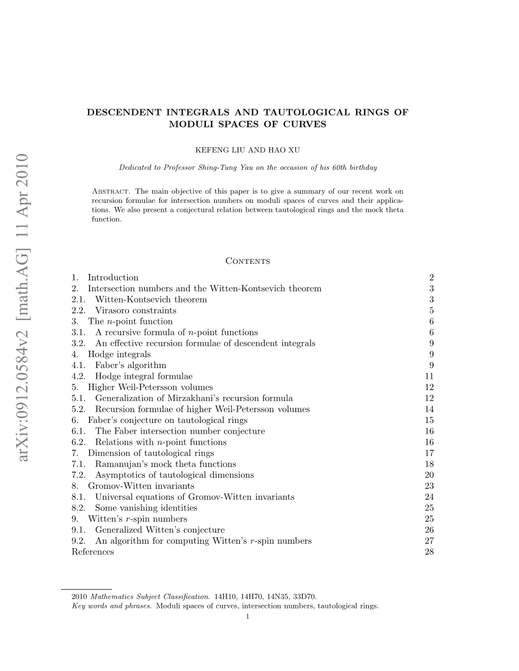 Arxiv:0912.0584V2 [Math.AG] 11 Apr 2010 ..A Loih O Optn Witten’S Computing for Algorithm an Conjecture Witten’S 9.2