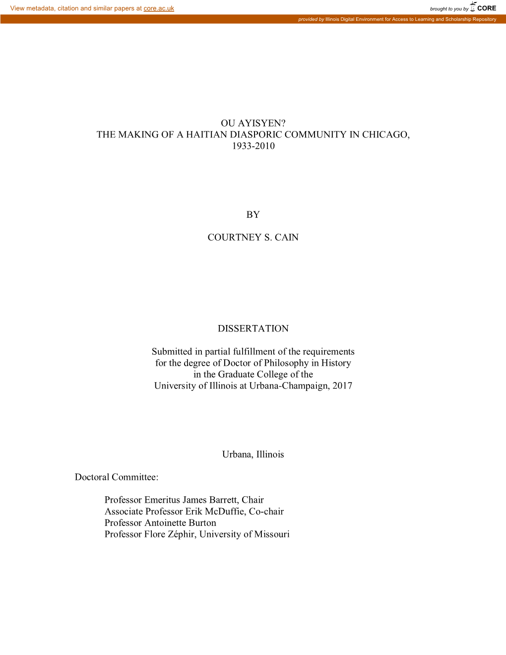 Ou Ayisyen? the Making of a Haitian Diasporic Community in Chicago, 1933-2010