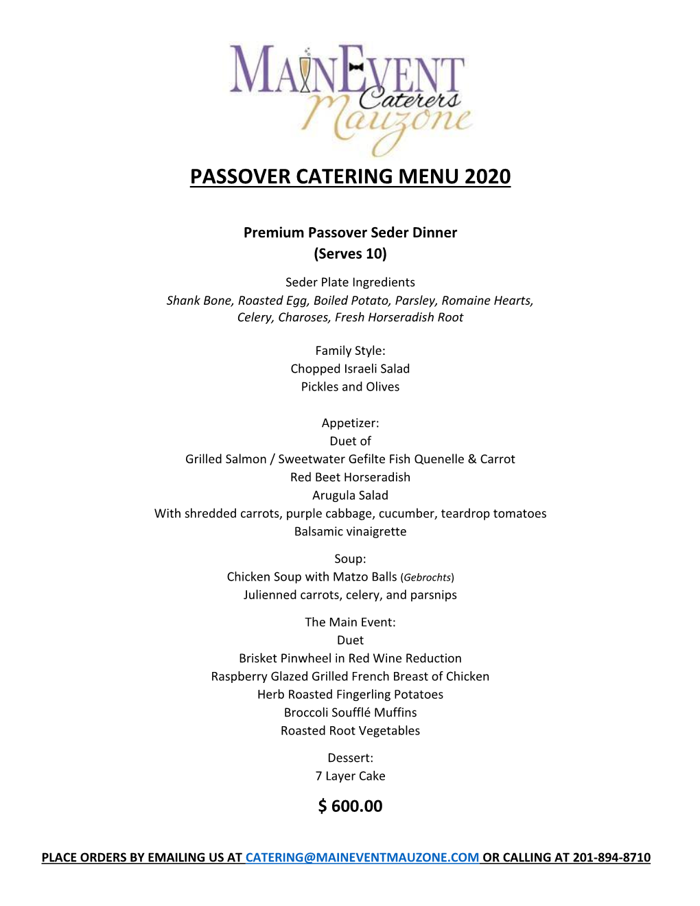 Passover Catering Menu 2020