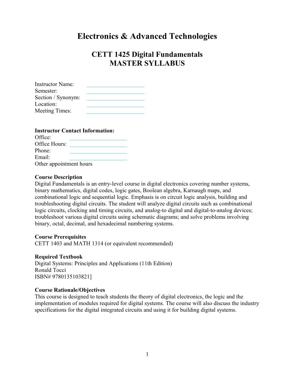 CETT 1425 Digital Fundamentals