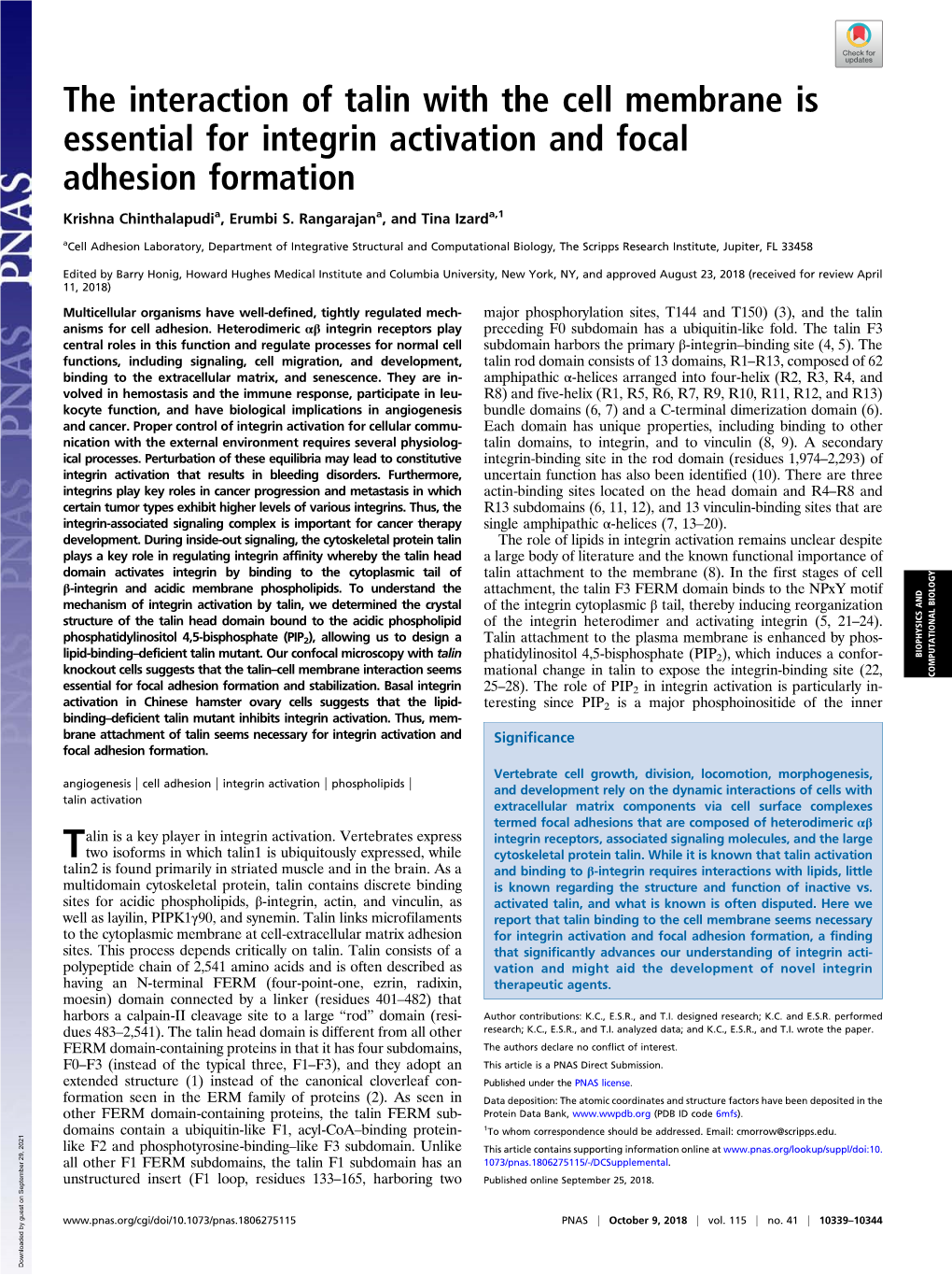 The Interaction of Talin with the Cell Membrane Is Essential for Integrin Activation and Focal Adhesion Formation