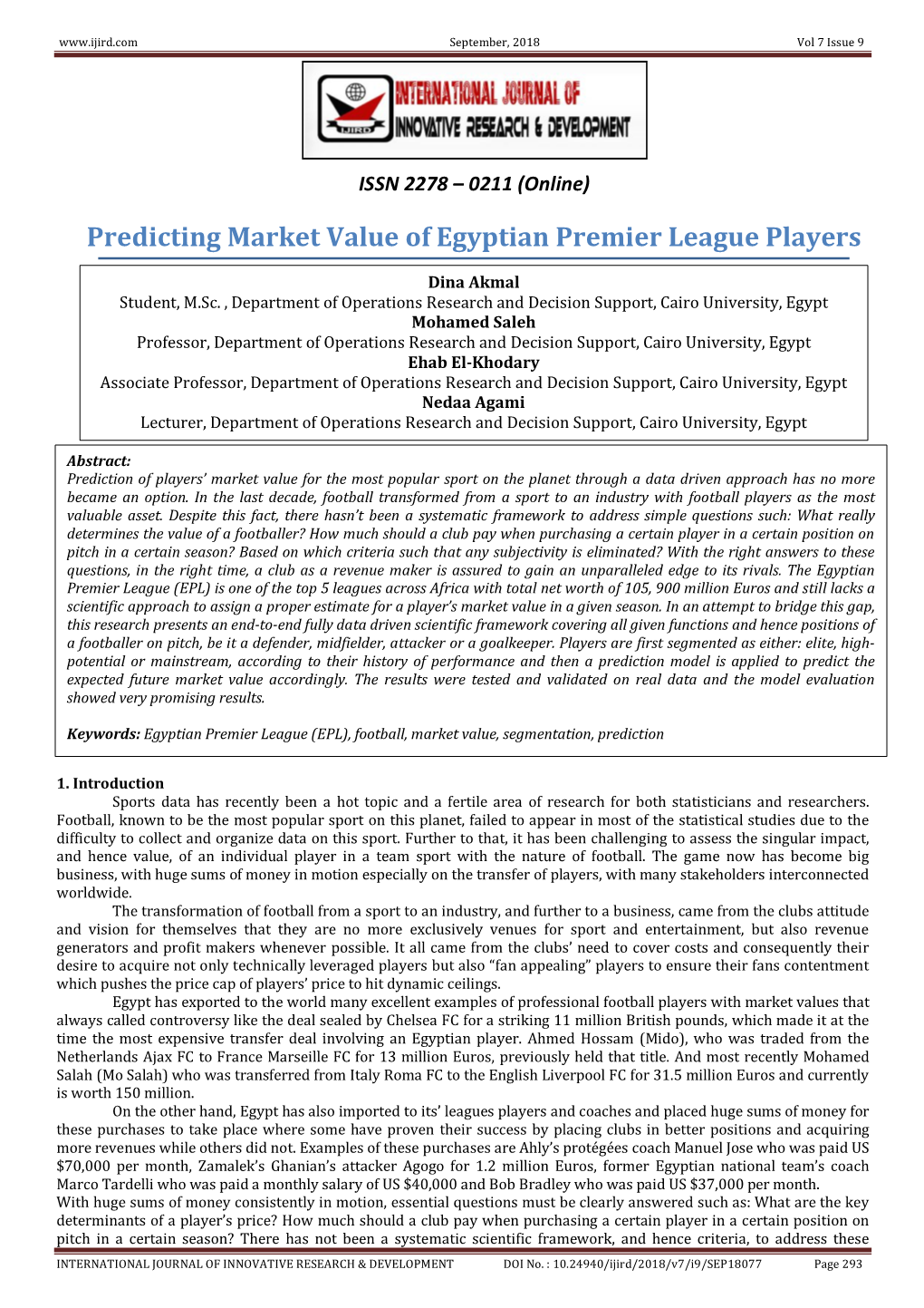 Predicting Market Value of Egyptian Premier League Players