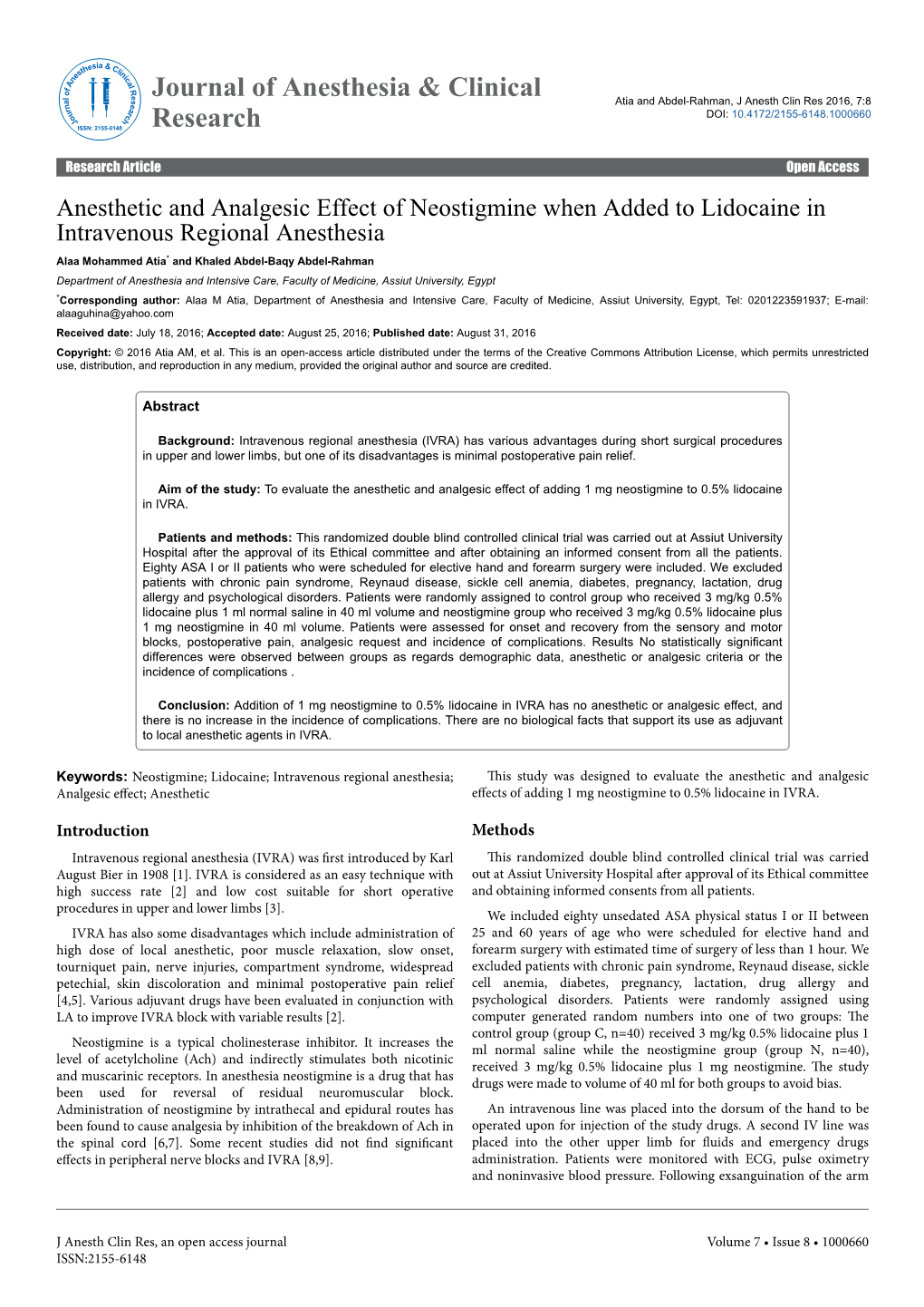 Anesthetic and Analgesic Effect of Neostigmine When Added To