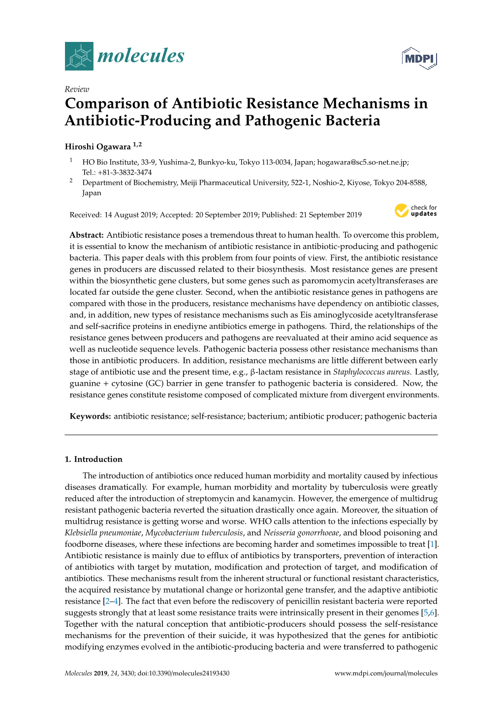 Comparison of Antibiotic Resistance Mechanisms in Antibiotic-Producing and Pathogenic Bacteria