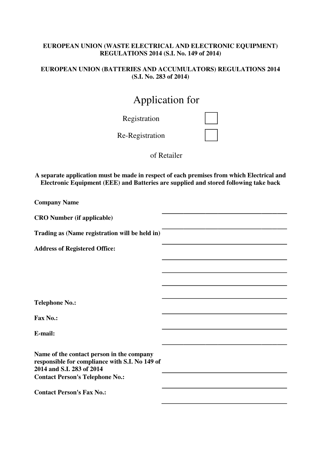 WEEE Retailer Registration Application Form