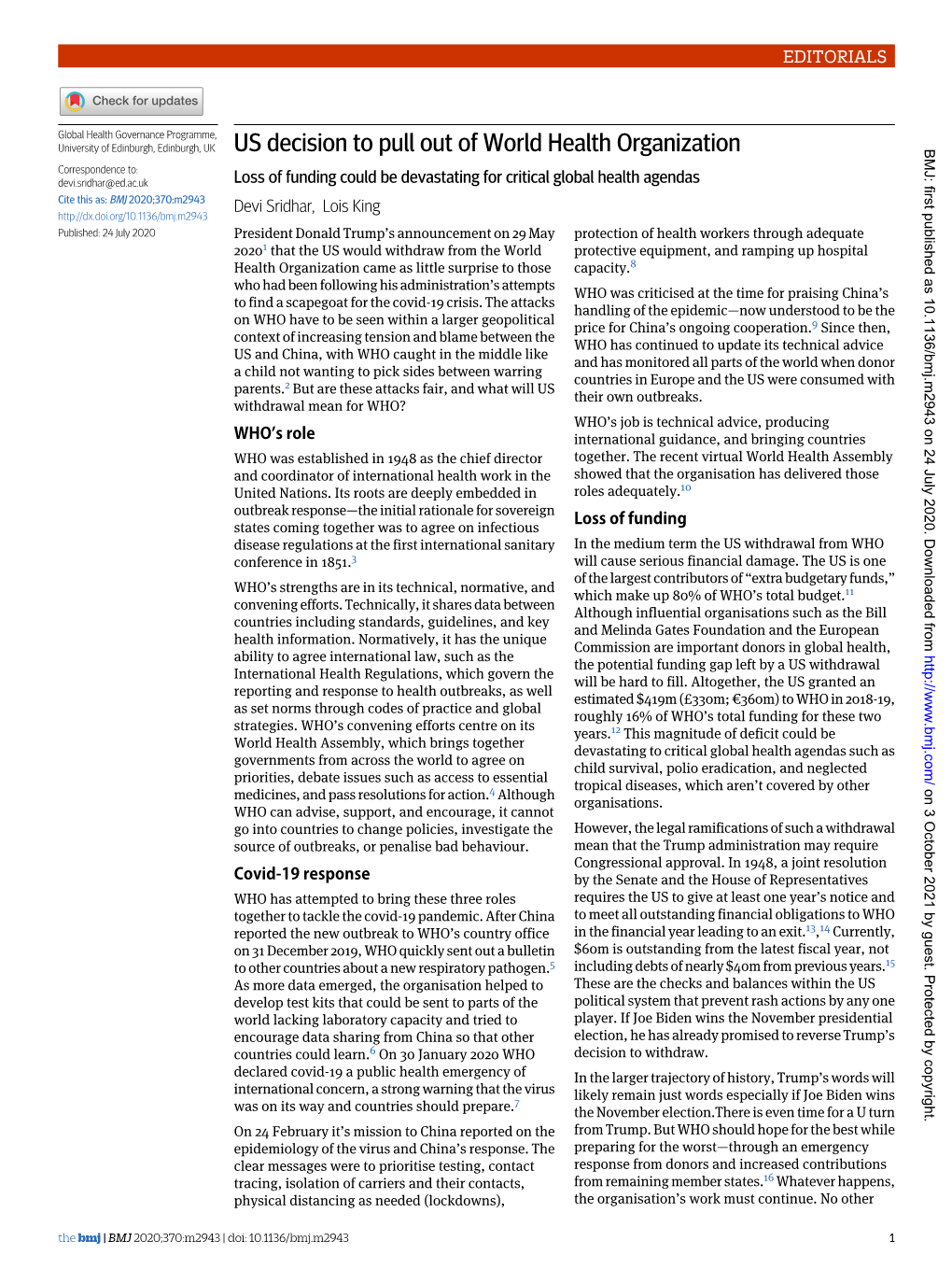 US Decision to Pull out of World Health Organization BMJ: First Published As 10.1136/Bmj.M2943 on 24 July 2020