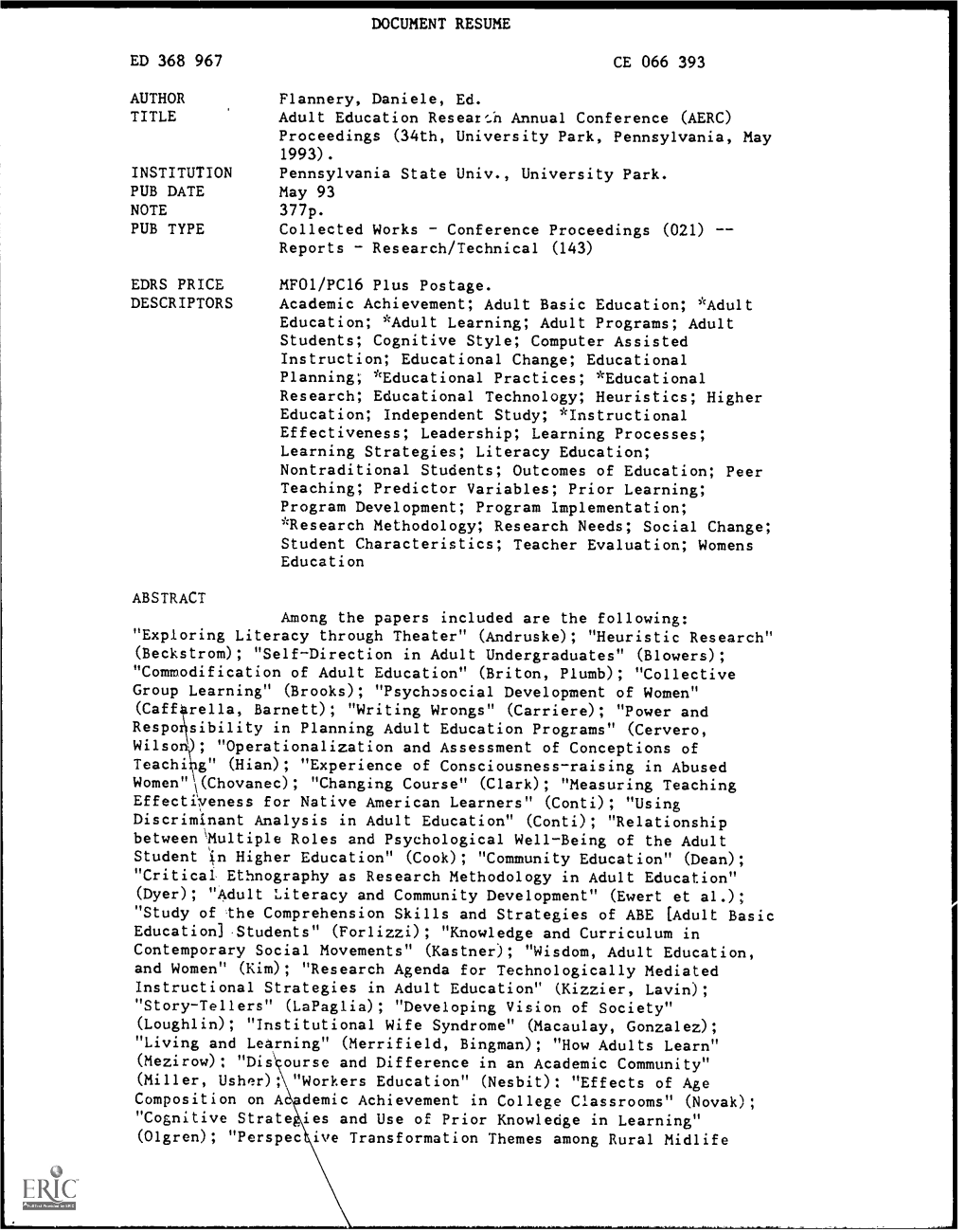 AERC) Proceedings (34Th, University Park, Pennsylvania, May 1993)
