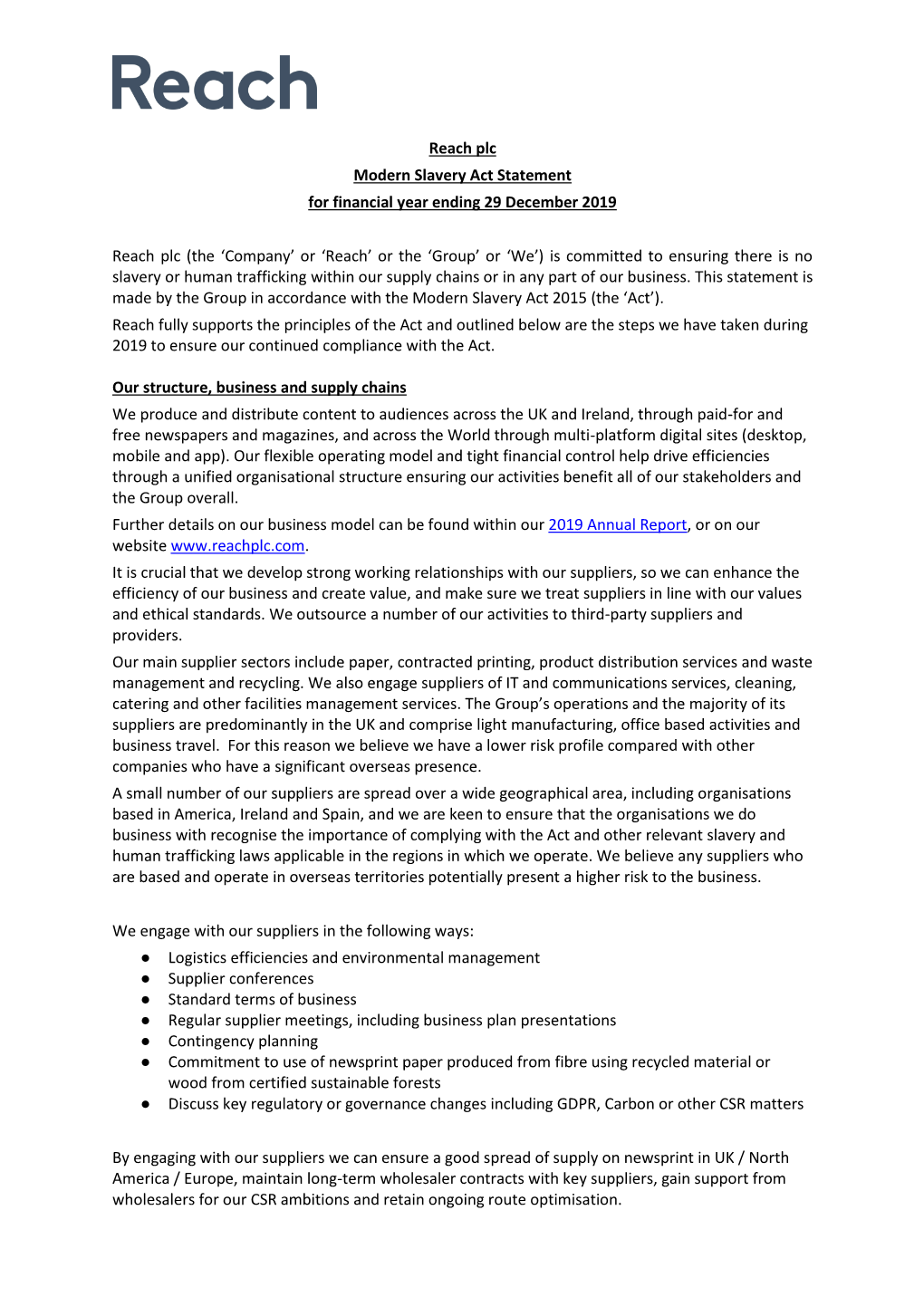 Reach Plc Modern Slavery Act Statement for Financial Year Ending 29 December 2019