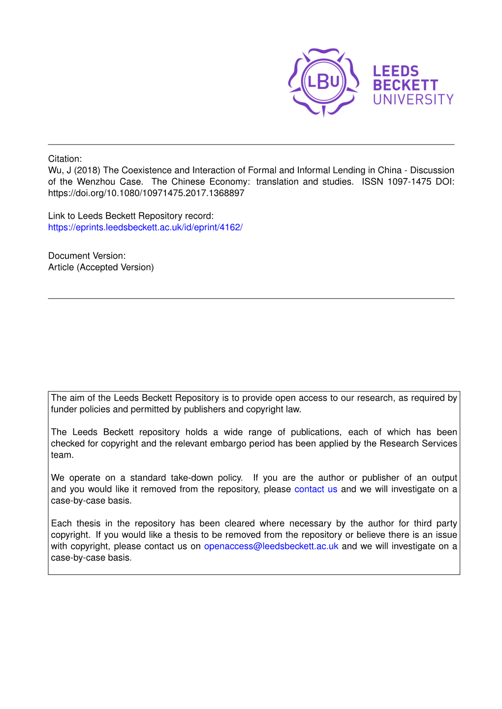 The Coexistence and Interaction of Formal and Informal Lending in China - Discussion of the Wenzhou Case