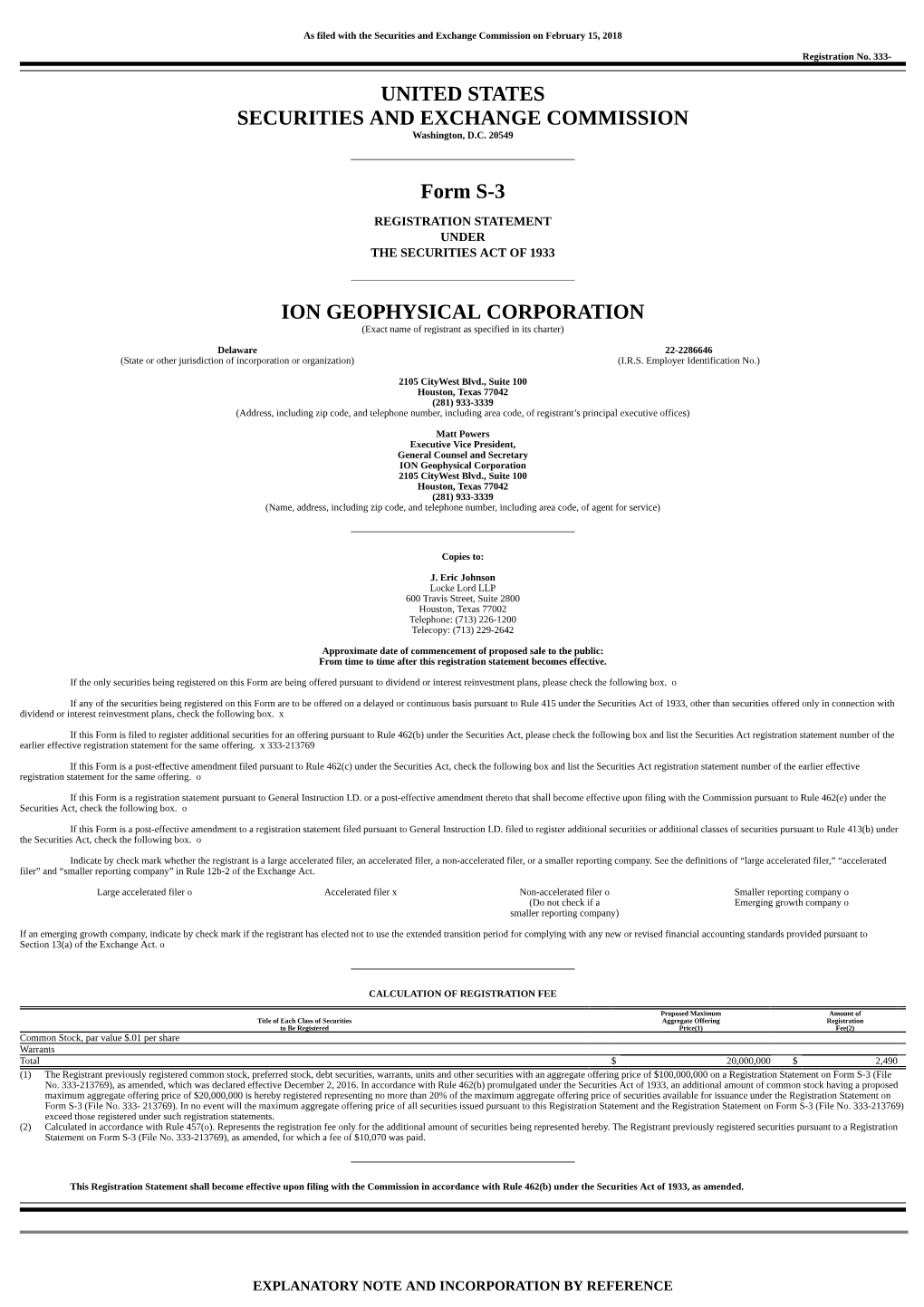 UNITED STATES SECURITIES and EXCHANGE COMMISSION Form S-3 ION GEOPHYSICAL CORPORATION