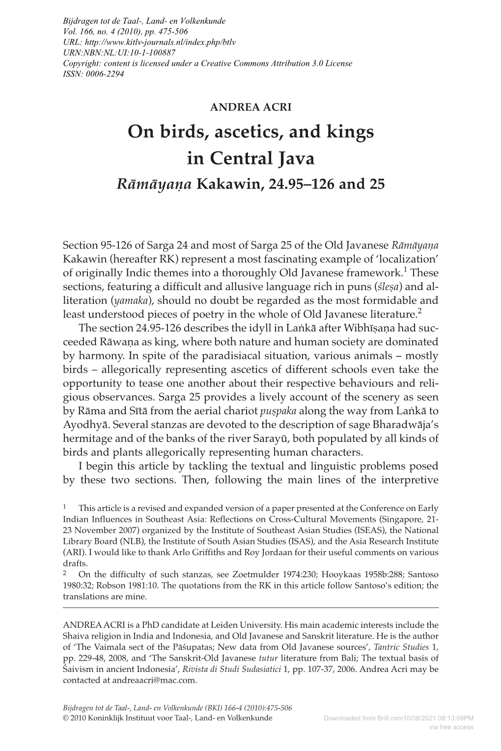 On Birds, Ascetics, and Kings in Central Java Rāmāyana� Kakawin, 24.95–126 and 25