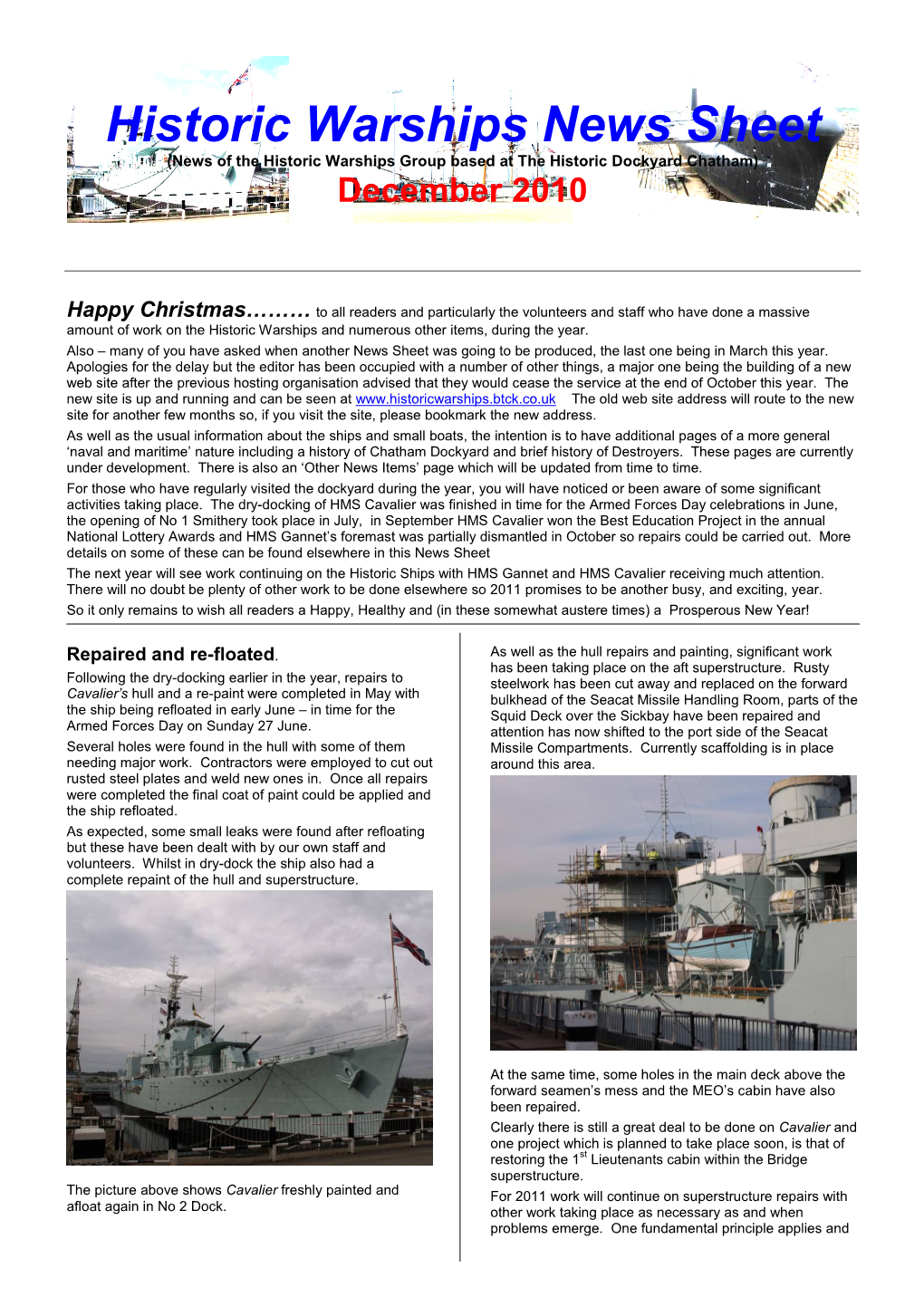 Historic Warships News Sheet (News of the Historic Warships Group Based at the Historic Dockyard Chatham) December 2010