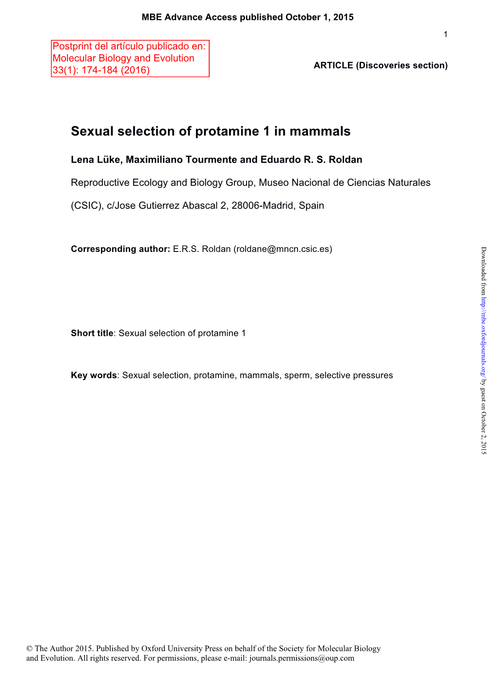 Sexual Selection of Protamine 1 in Mammals