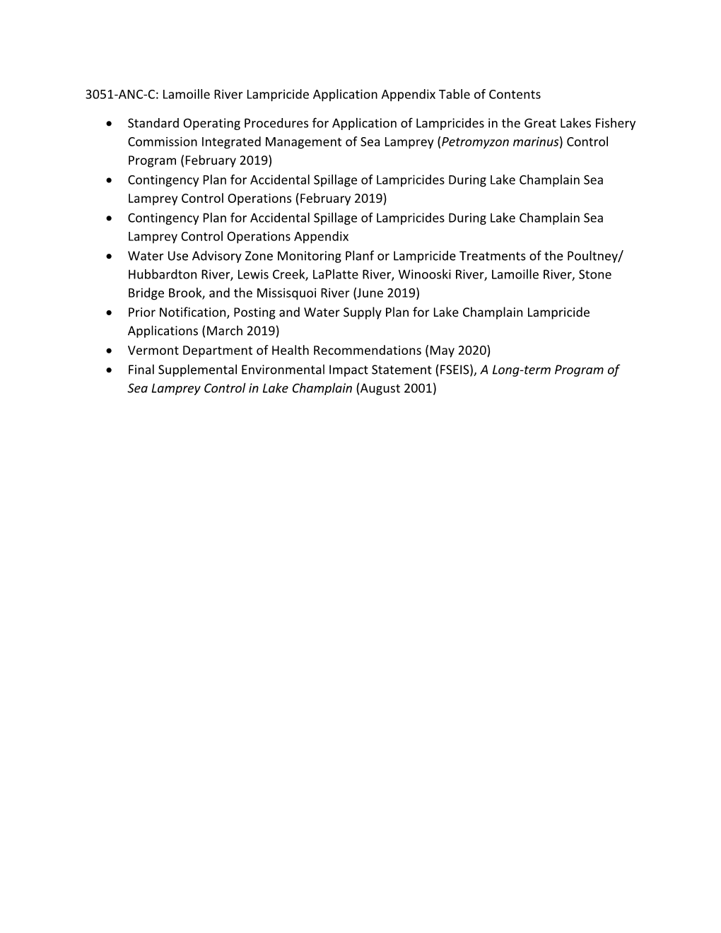 3051-ANC-C: Lamoille River Lampricide Application Appendix Table of Contents