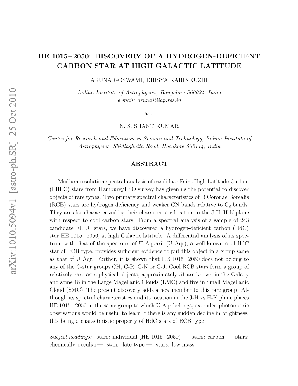 HE 1015-2050: Discovery of a Hydrogen-Deficient Carbon Star At
