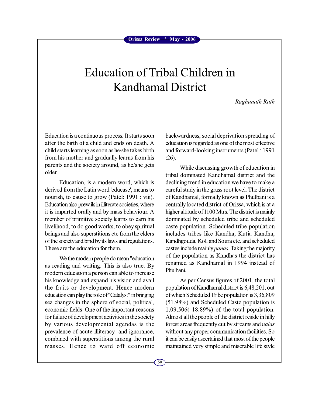 Education of Tribal Children in Kandhamal District Raghunath Rath