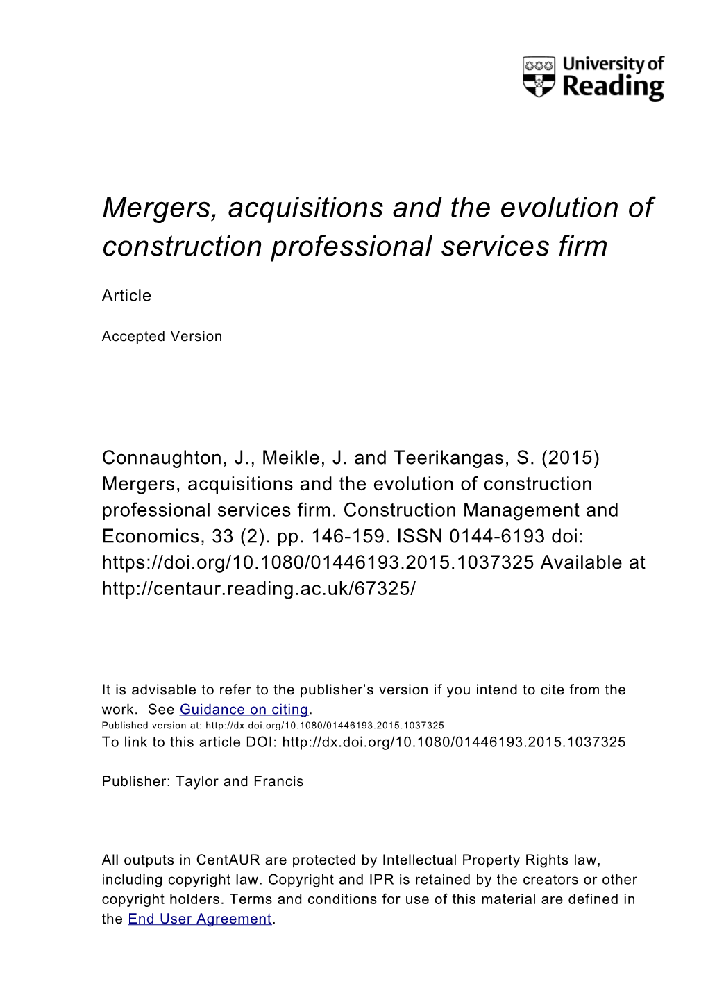 Mergers, Acquisitions and the Evolution of Construction Professional Services Firm