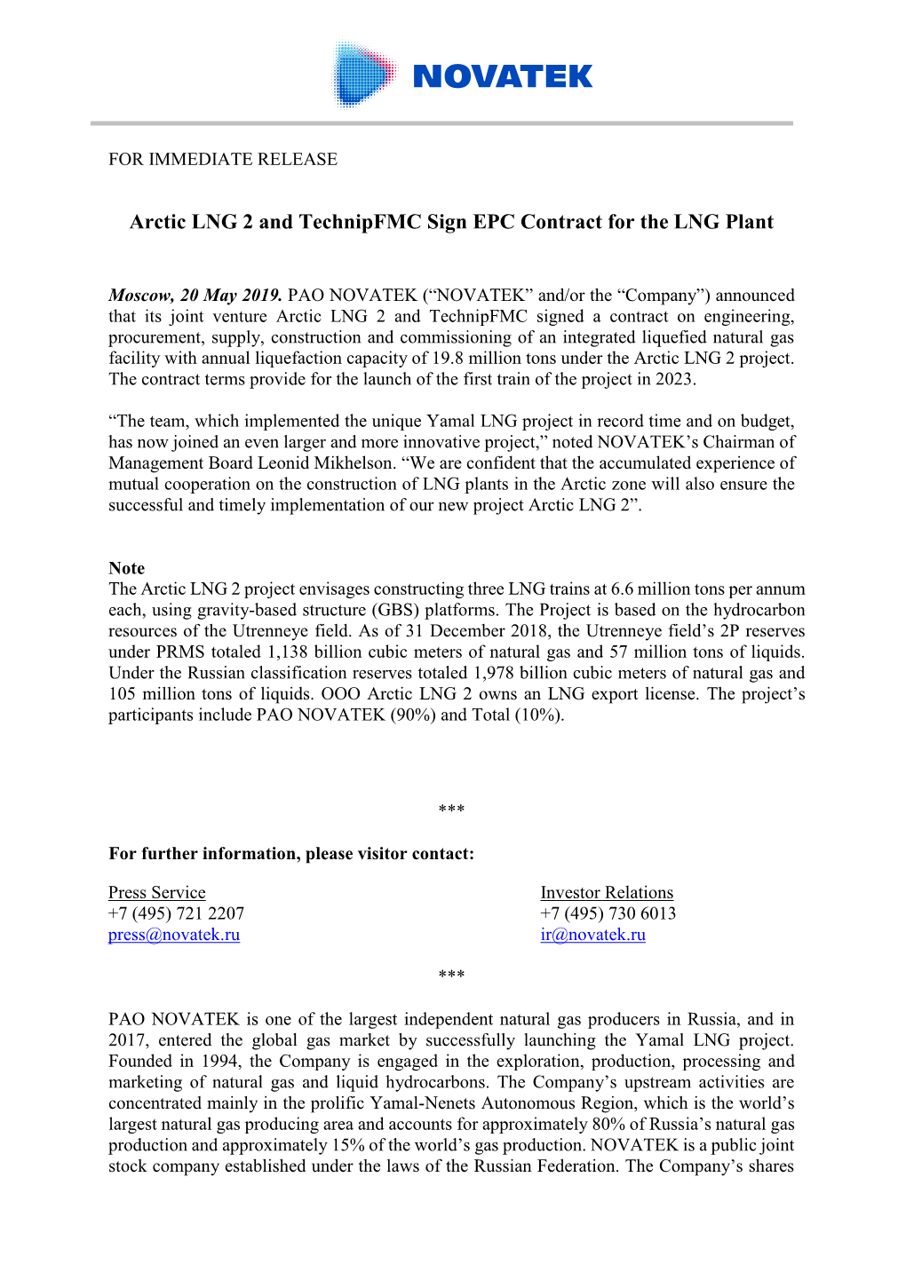 Arctic LNG 2 and Technipfmc Sign EPC Contract for the LNG Plant
