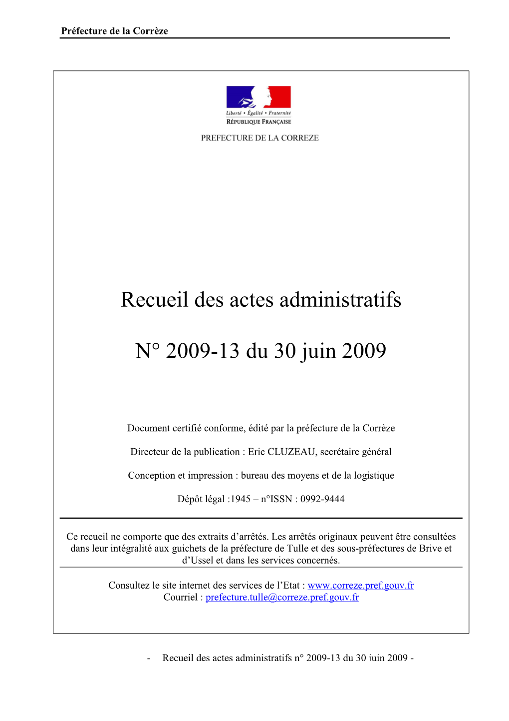 Recueil Des Actes Administratifs N° 2009-13 Du 30 Juin 2009