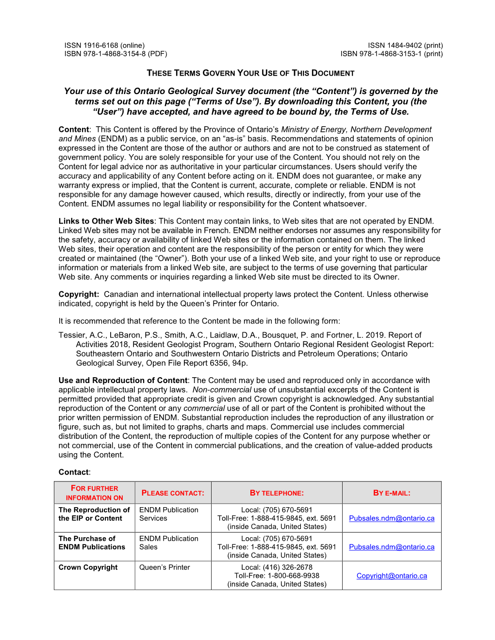 Report of Activities 2018, Resident Geologist Program, Southern