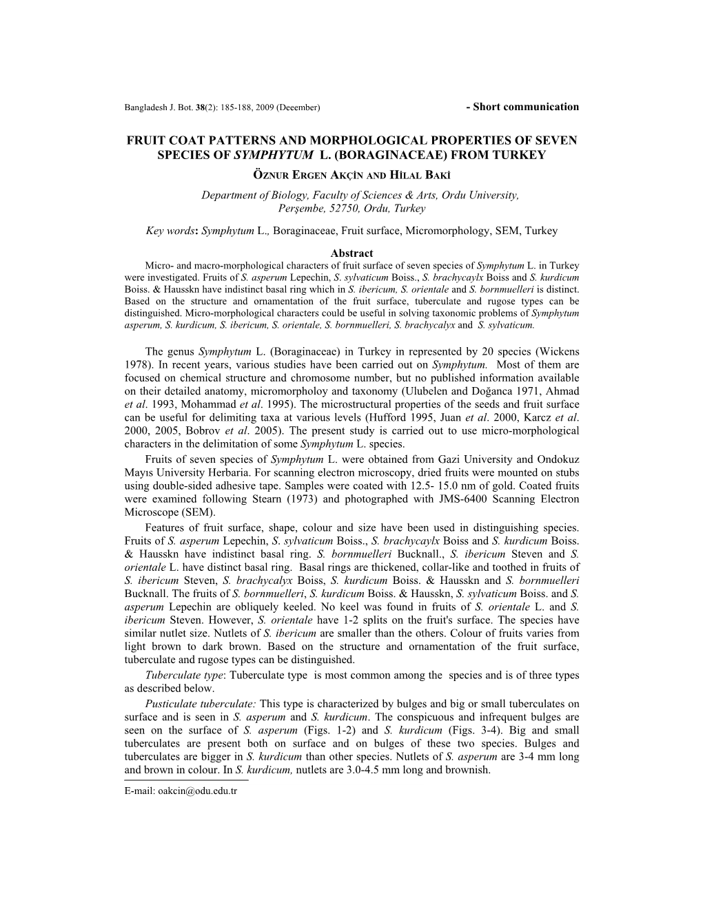 Fruit Coat Patterns and Morphological Properties of Seven Species of Symphytum L. (Boraginaceae) from Turkey