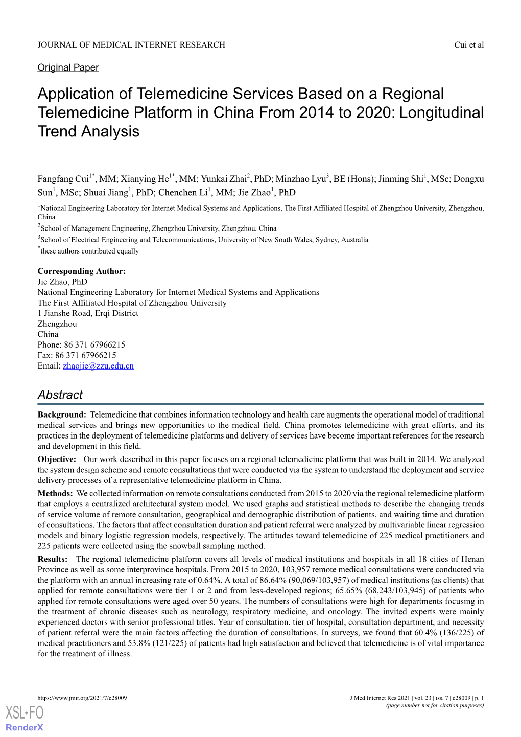 Application of Telemedicine Services Based on a Regional Telemedicine Platform in China from 2014 to 2020: Longitudinal Trend Analysis