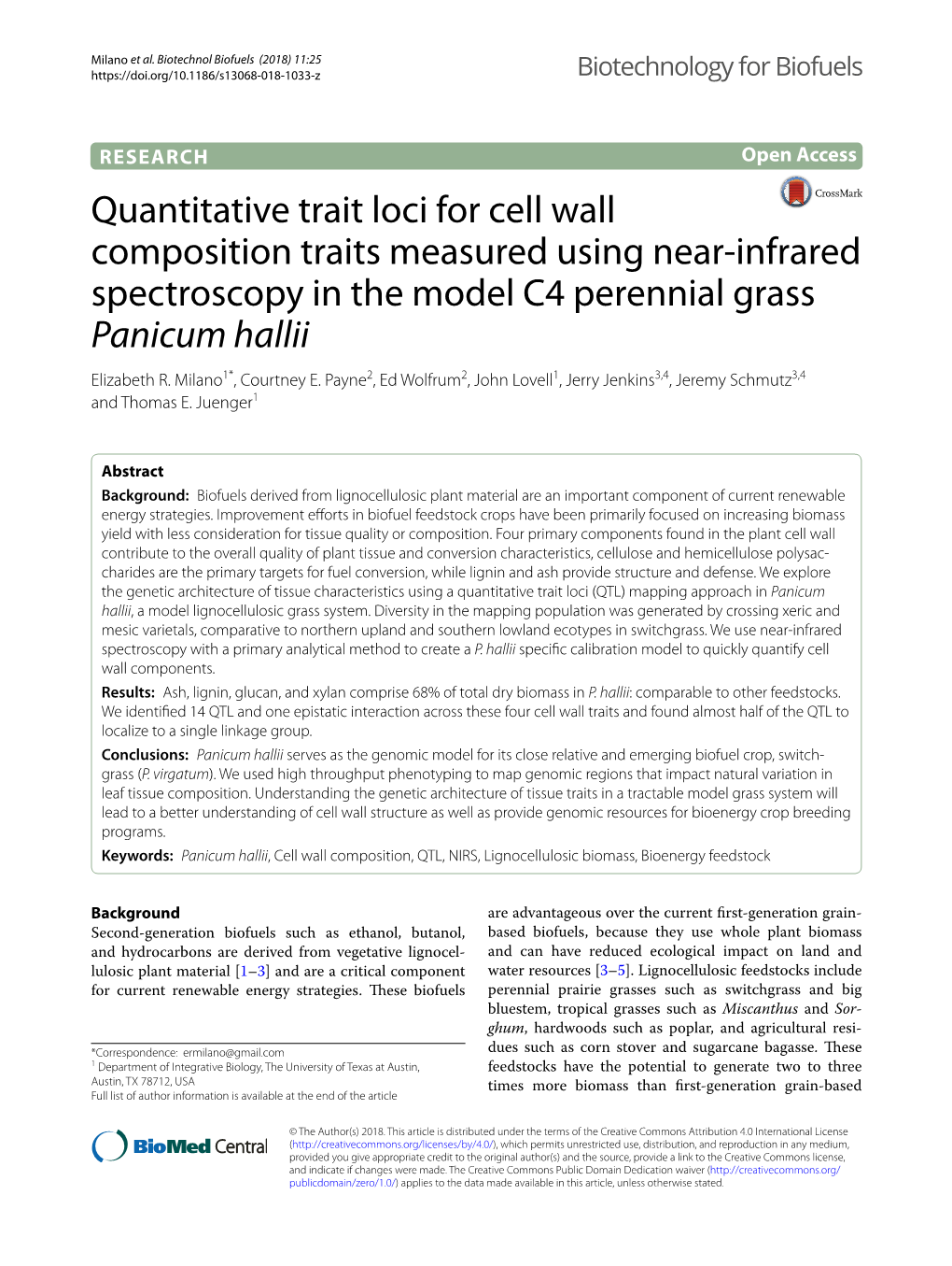 Quantitative Trait Loci for Cell Wall Composition Traits Measured Using Near‑Infrared Spectroscopy in the Model C4 Perennial Grass Panicum Hallii Elizabeth R