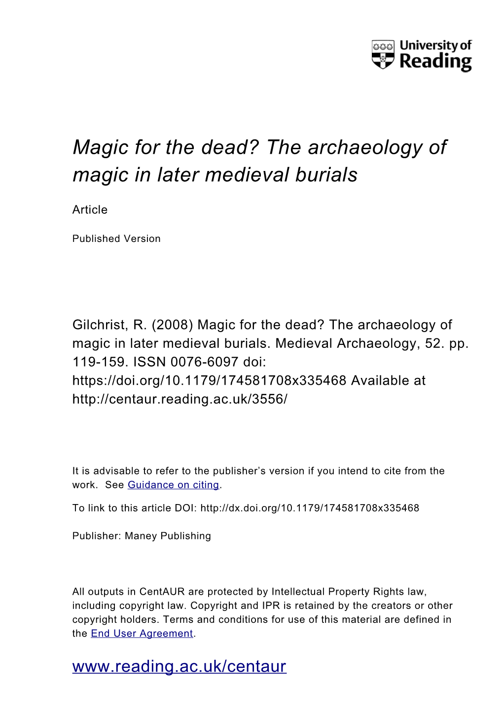 Magic for the Dead? the Archaeology of Magic in Later Medieval Burials