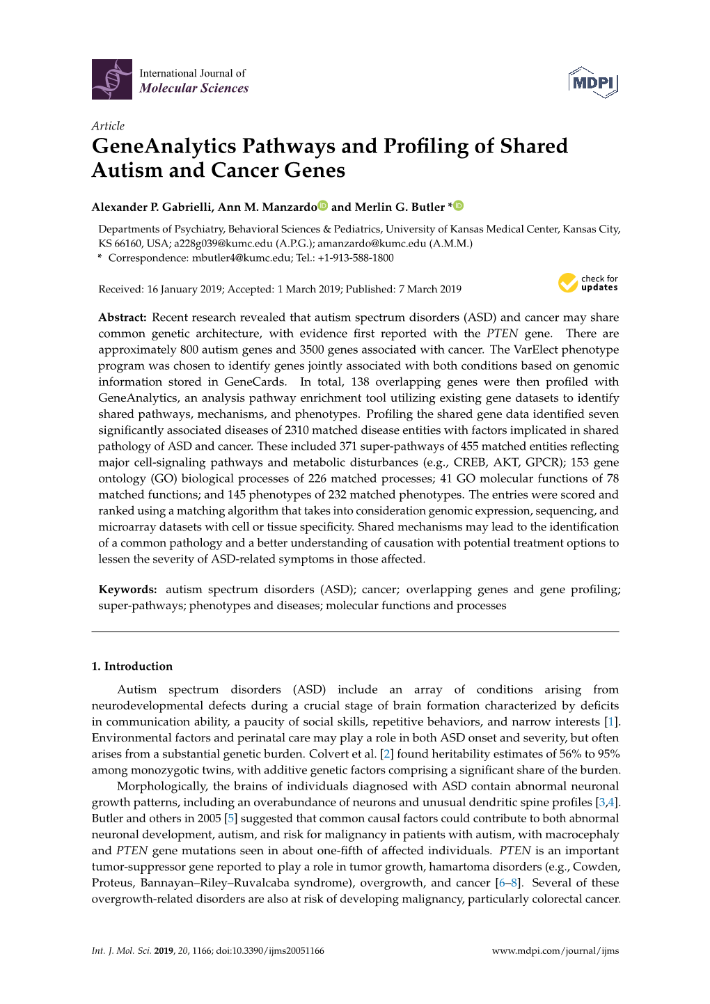 Geneanalytics Pathways and Profiling of Shared Autism and Cancer Genes