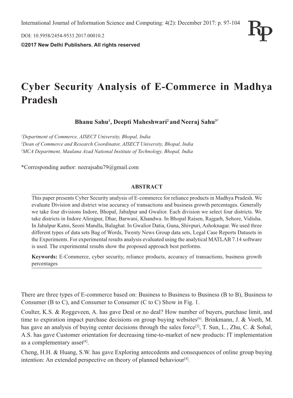 Cyber Security Analysis of E-Commerce in Madhya Pradesh