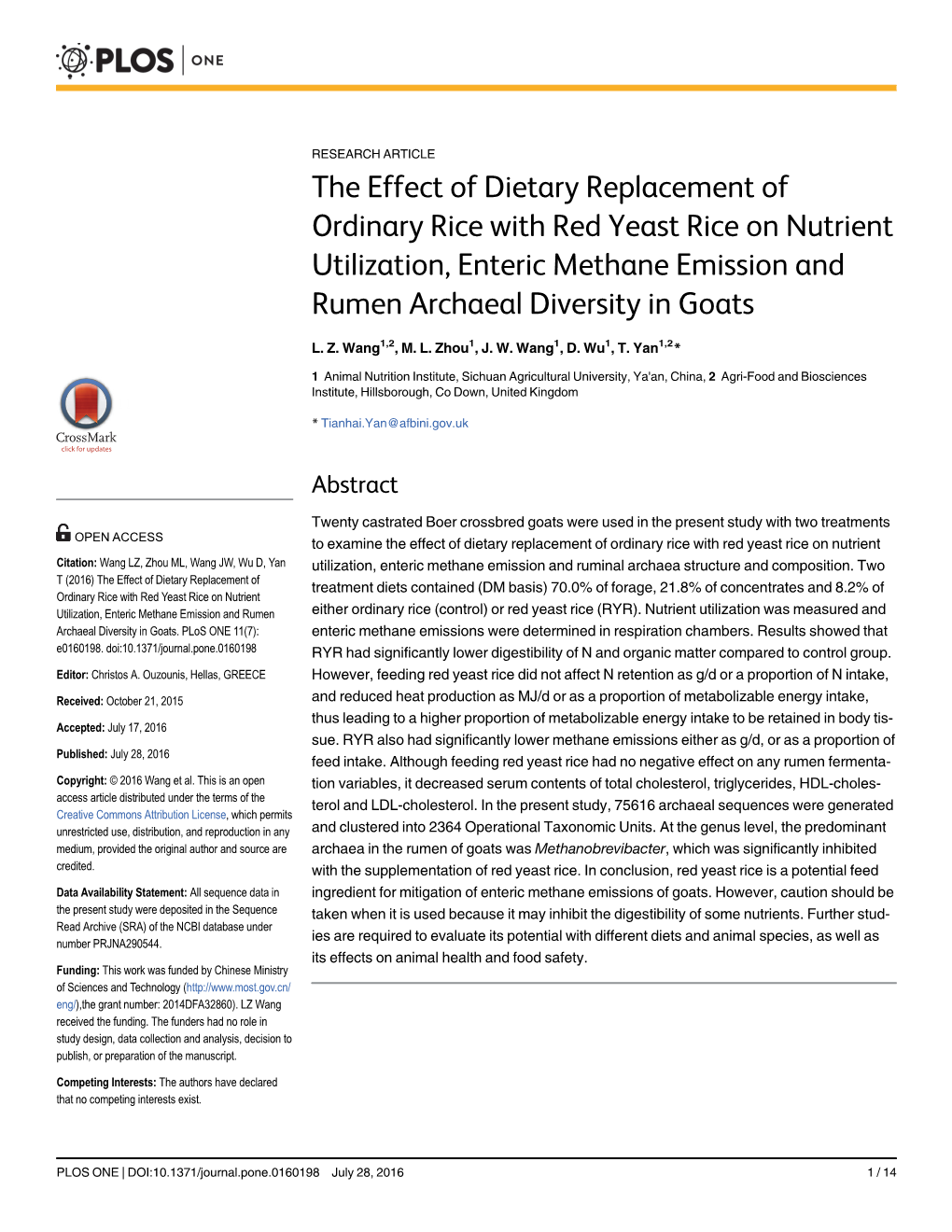 The Effect of Dietary Replacement of Ordinary Rice with Red Yeast Rice on Nutrient Utilization, Enteric Methane Emission and Rumen Archaeal Diversity in Goats