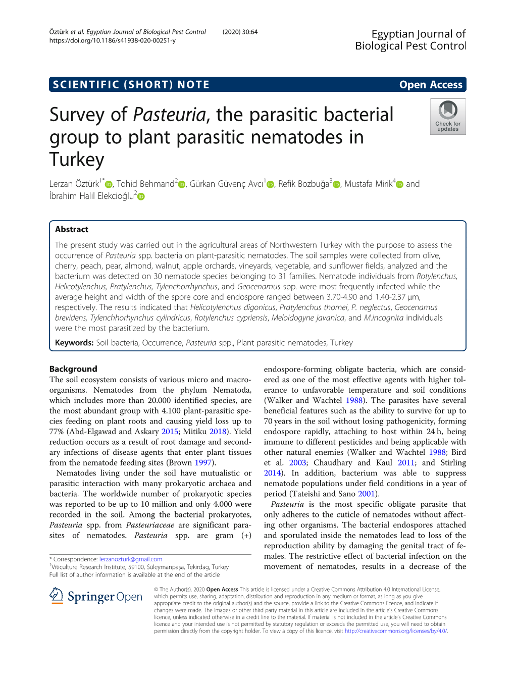 Survey of Pasteuria, the Parasitic Bacterial Group to Plant Parasitic Nematodes in Turkey