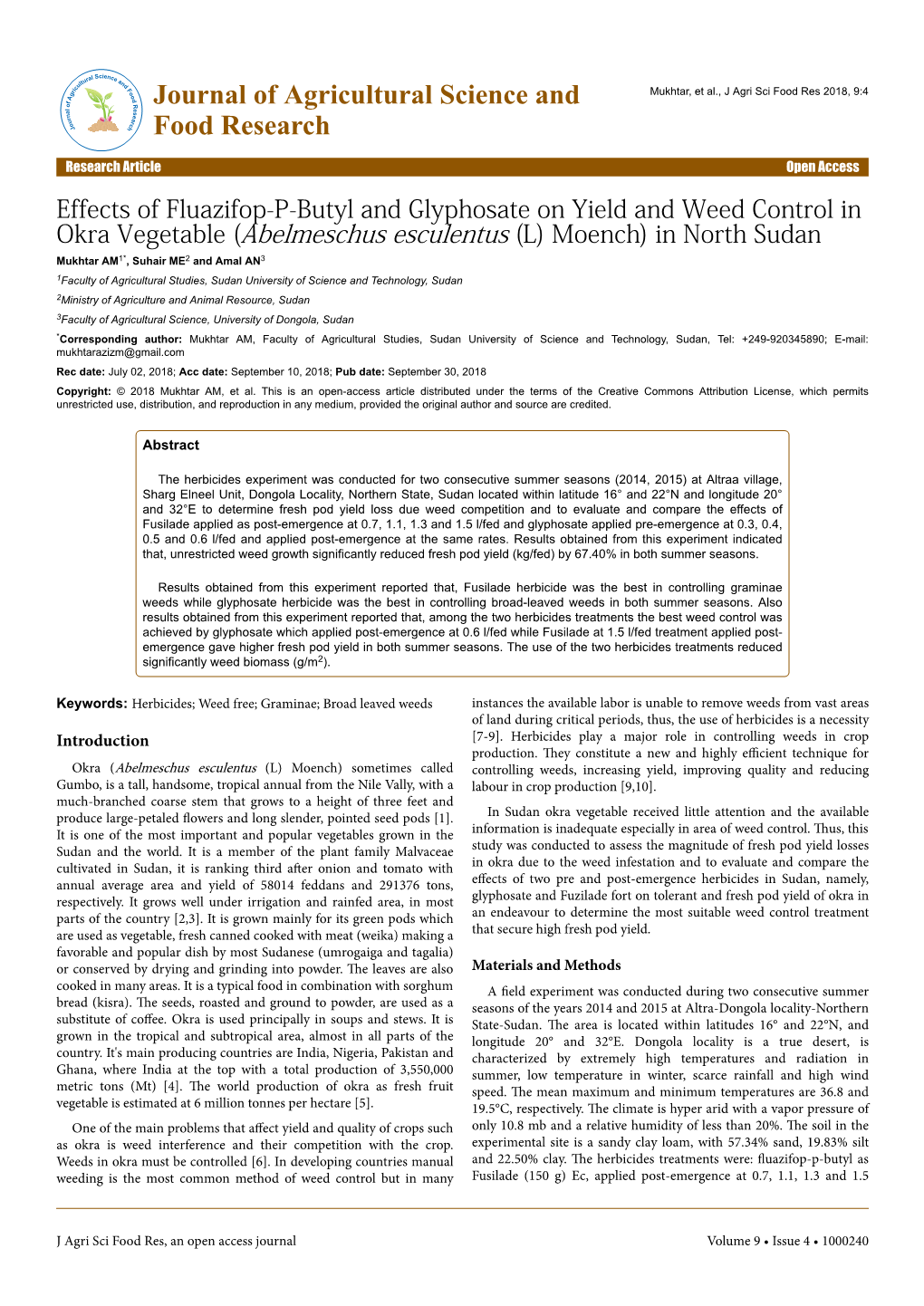 Effects of Fluazifop-P-Butyl and Glyphosate on Yield and Weed