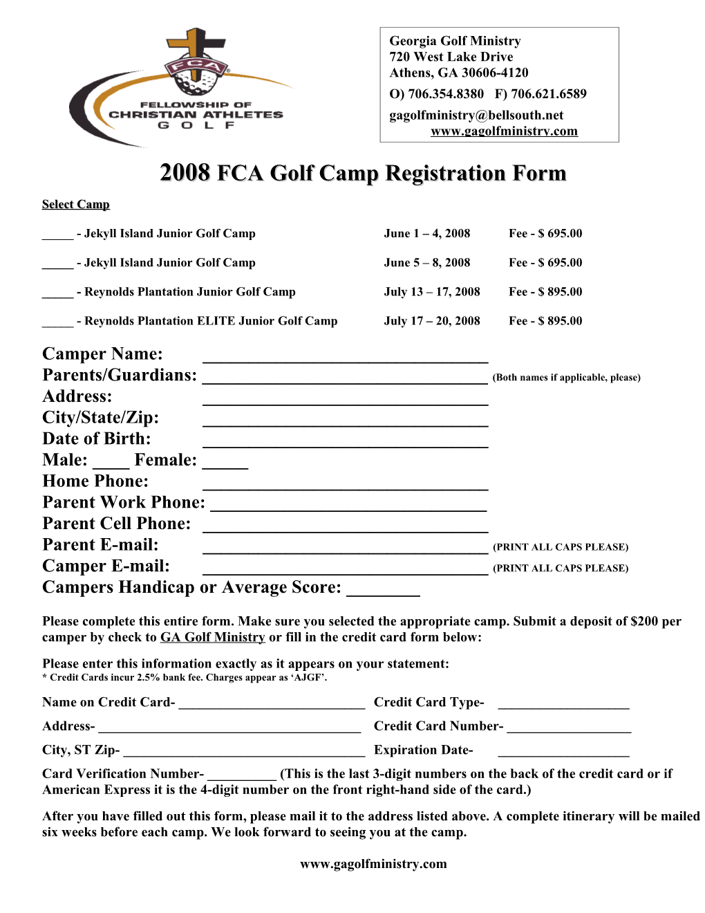 Reynolds Plantation Golf Camp Registration Form