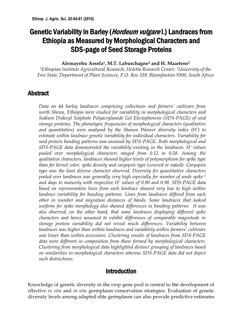 Genetic Variability in Barley (Hordeum Vulgare L.) Landraces from Ethiopia As Measured by Morphological Characters and SDS-Page of Seed Storage Proteins