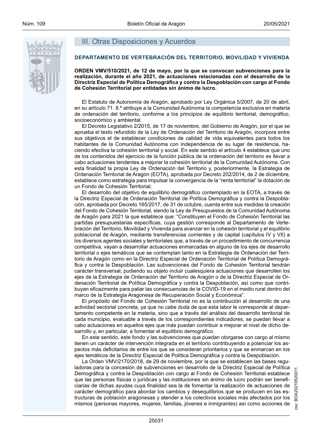 ORDEN VMV/510/2021, De 12 De Mayo, Por La Que Se Convocan