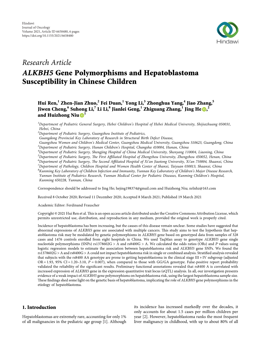 ALKBH5 Gene Polymorphisms and Hepatoblastoma Susceptibility in Chinese Children