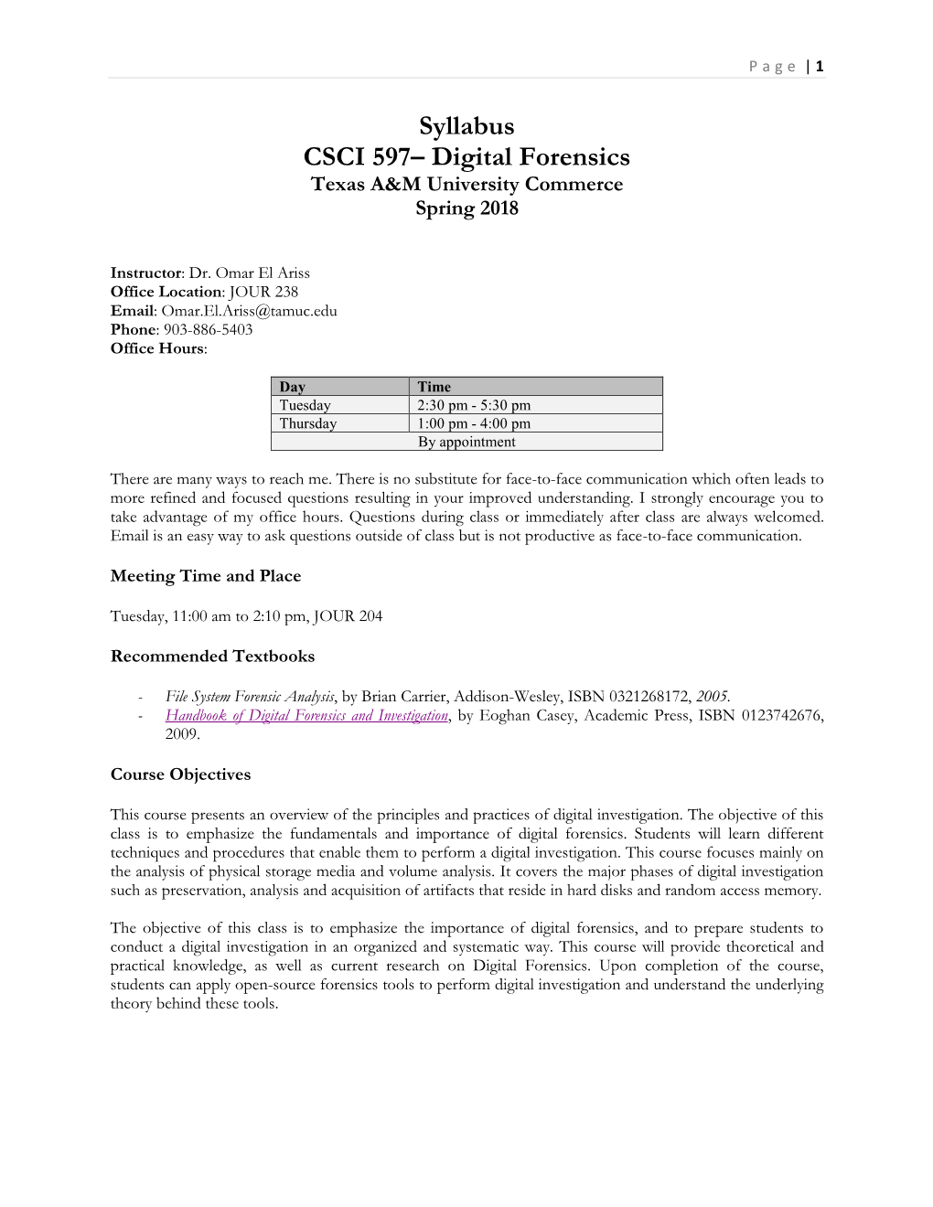 Digital Forensics Texas A&M University Commerce Spring 2018