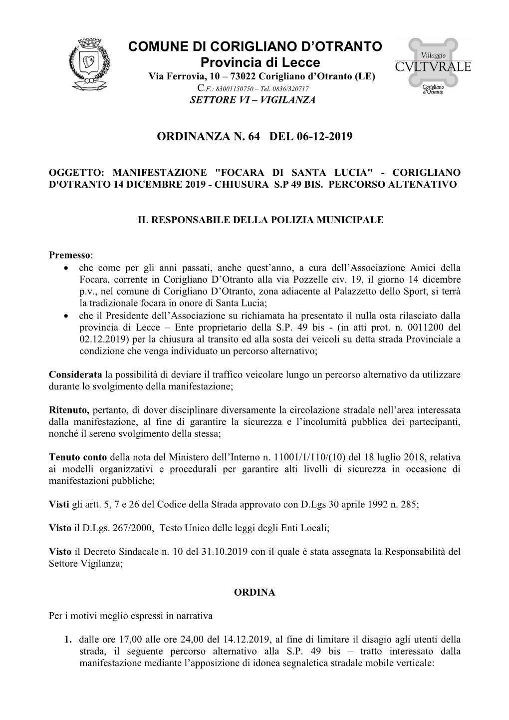 COMUNE DI CORIGLIANO D'otranto Provincia Di Lecce