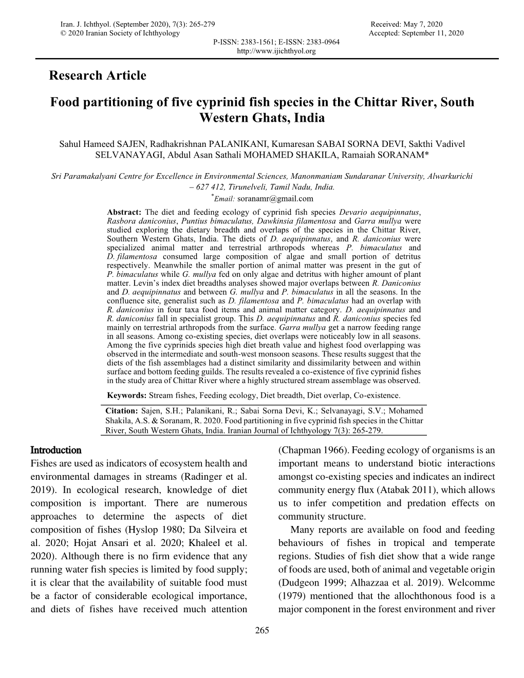 Research Article Food Partitioning of Five Cyprinid Fish Species in The