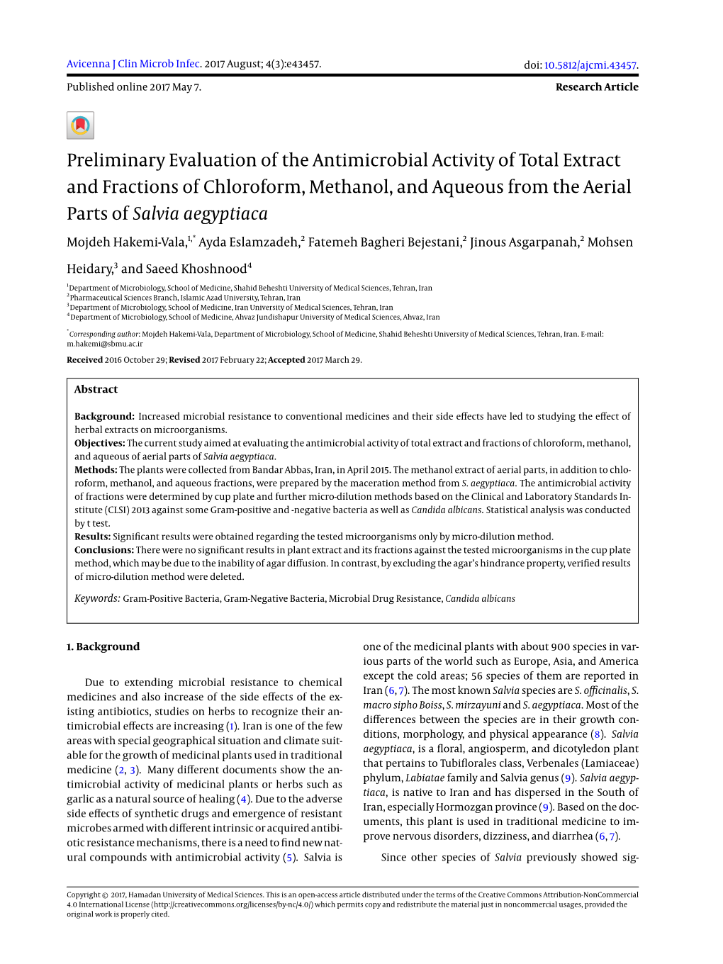 Preliminary Evaluation of the Antimicrobial Activity of Total Extract