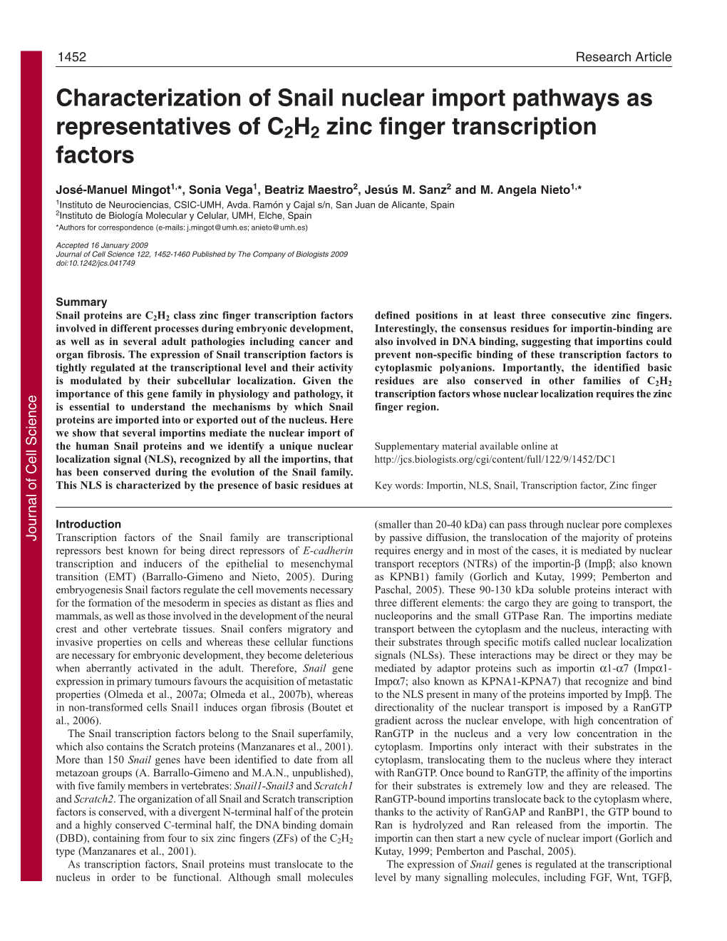 Characterization of Snail Nuclear Import Pathways As Representatives of C2H2 Zinc Finger Transcription Factors