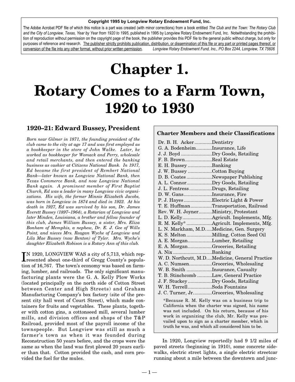 Chapter 1. Rotary Comes to a Farm Town, 1920 to 1930