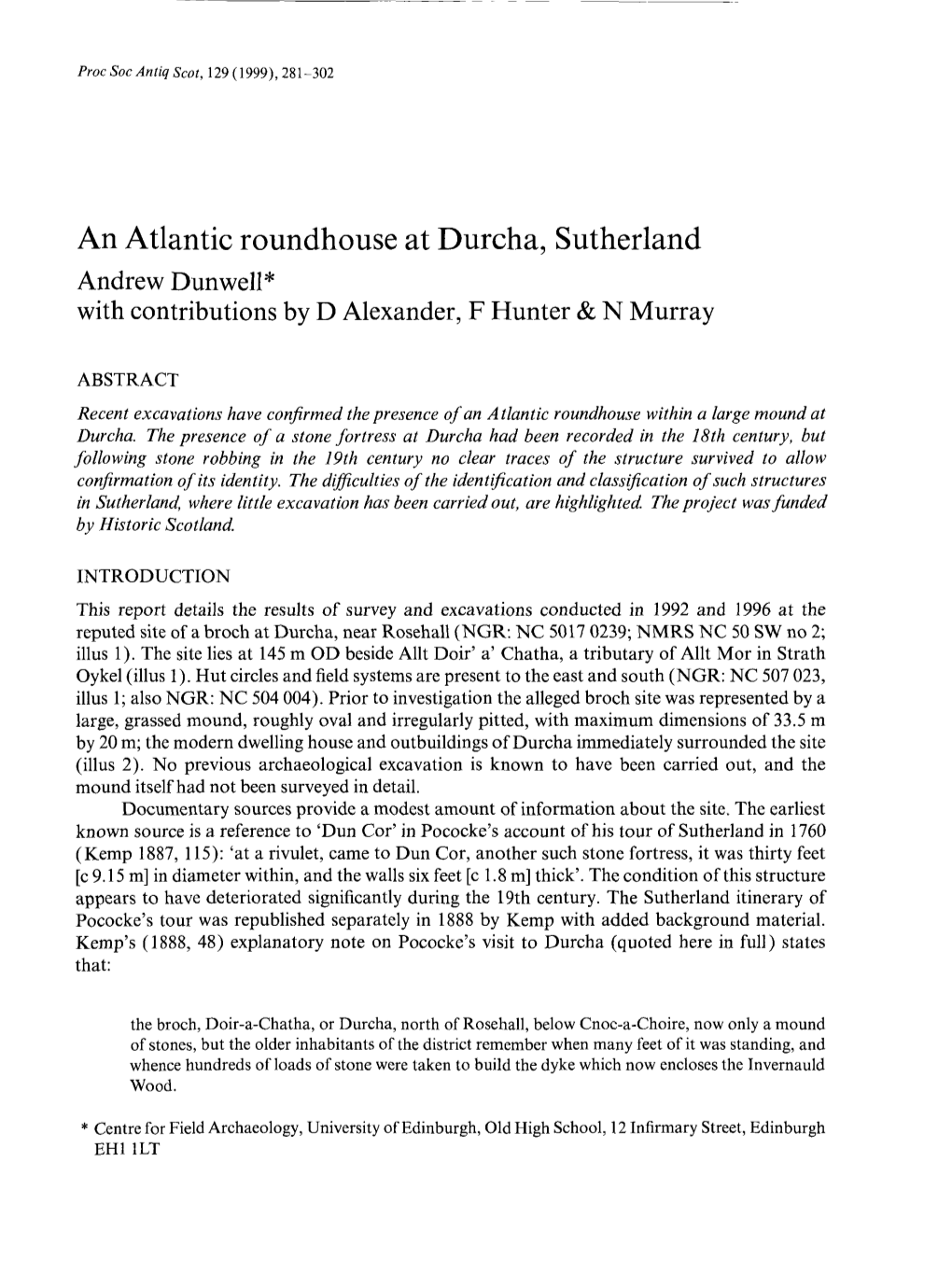 An Atlantic Roundhouse at Durcha, Sutherland Andrew Dun Well* with Contributions by D Alexander, F Hunter & N Murray