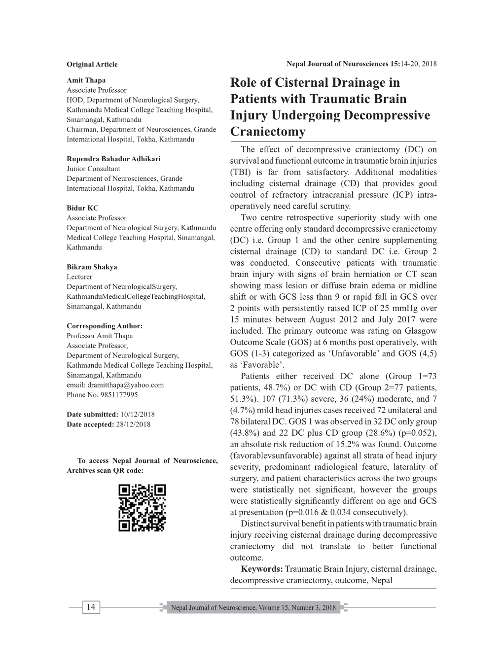 Role of Cisternal Drainage in Patients with Traumatic Brain Injury